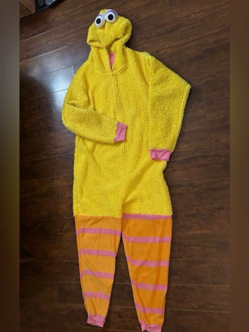 Adult Yellow Fuzzy Hooded Onesie with Pink & Orange Striped Legs